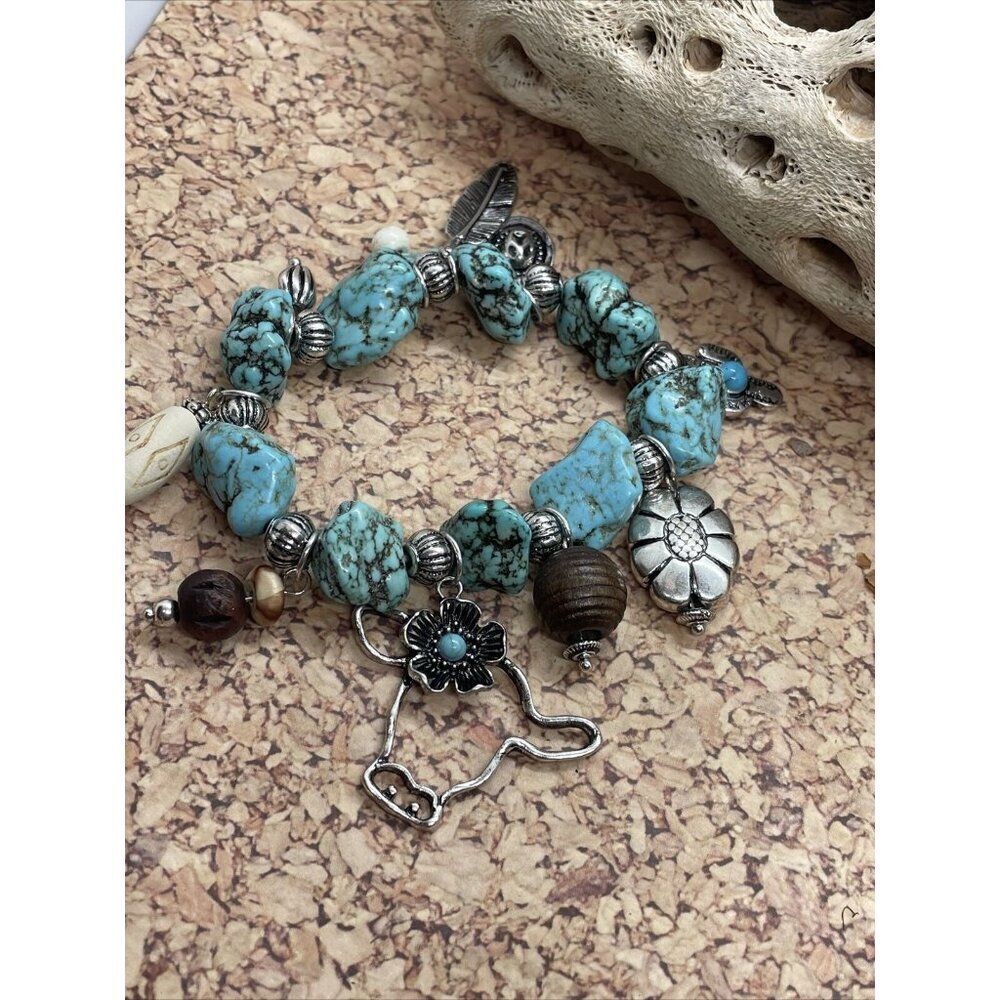 Turquoise Nugget Stretch Bracelet Feather Cactus Cow Western Bead Wood Flower - Picture 9 of 15
